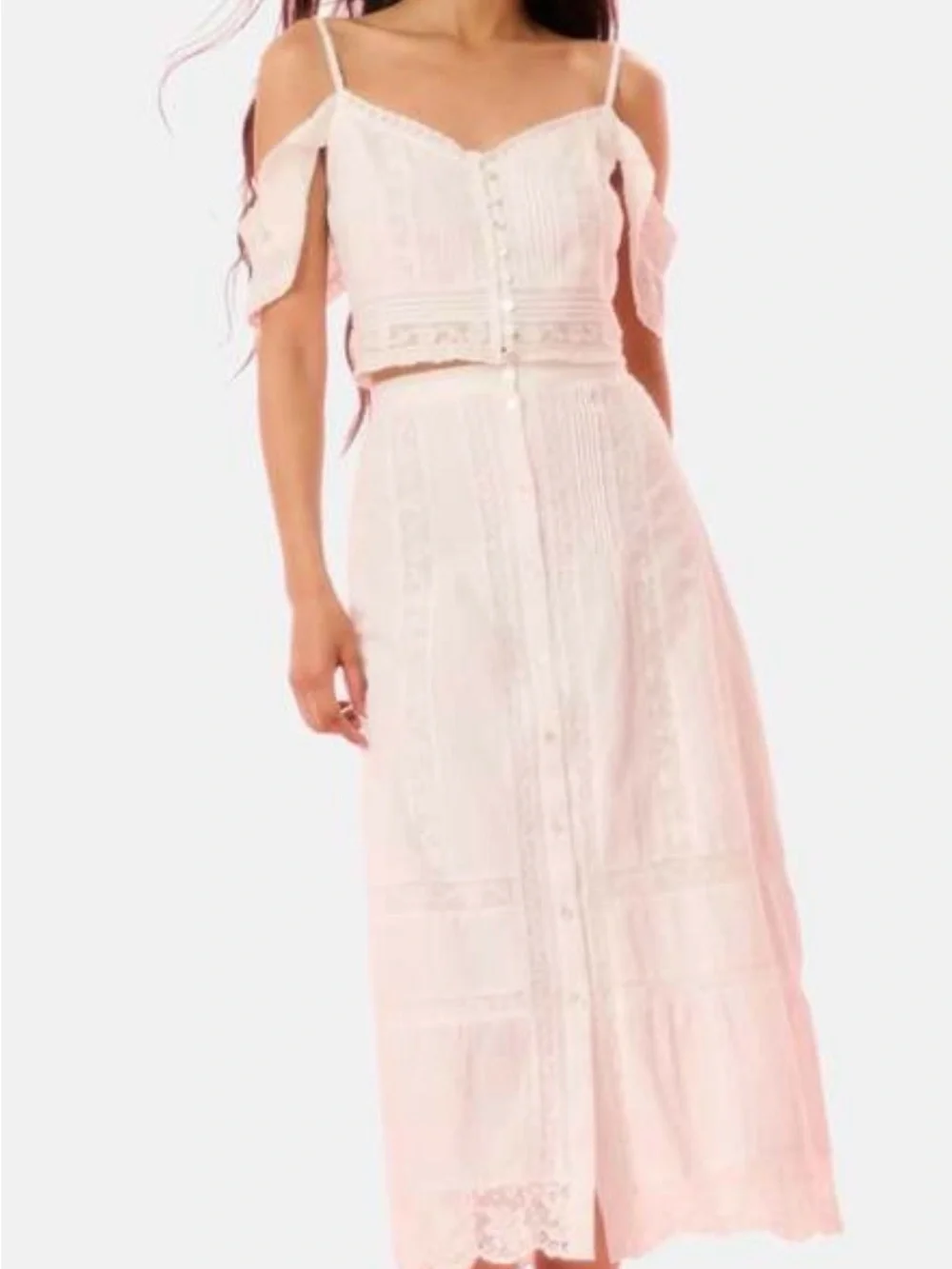 LoveShackFancy Alessia White Button-Front Maxi Skirt Elegant Lace Panel size 00